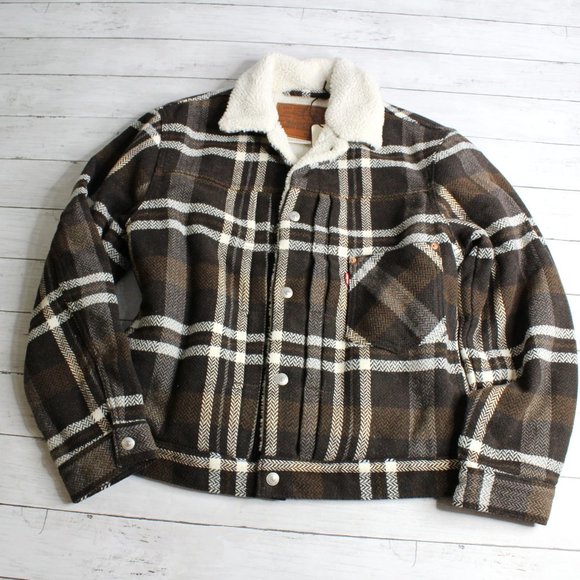 Levi Strauss Men's Plaid Trucker Jacket Size L Wool Blend Sherpa Lined - Picture 2 of 9